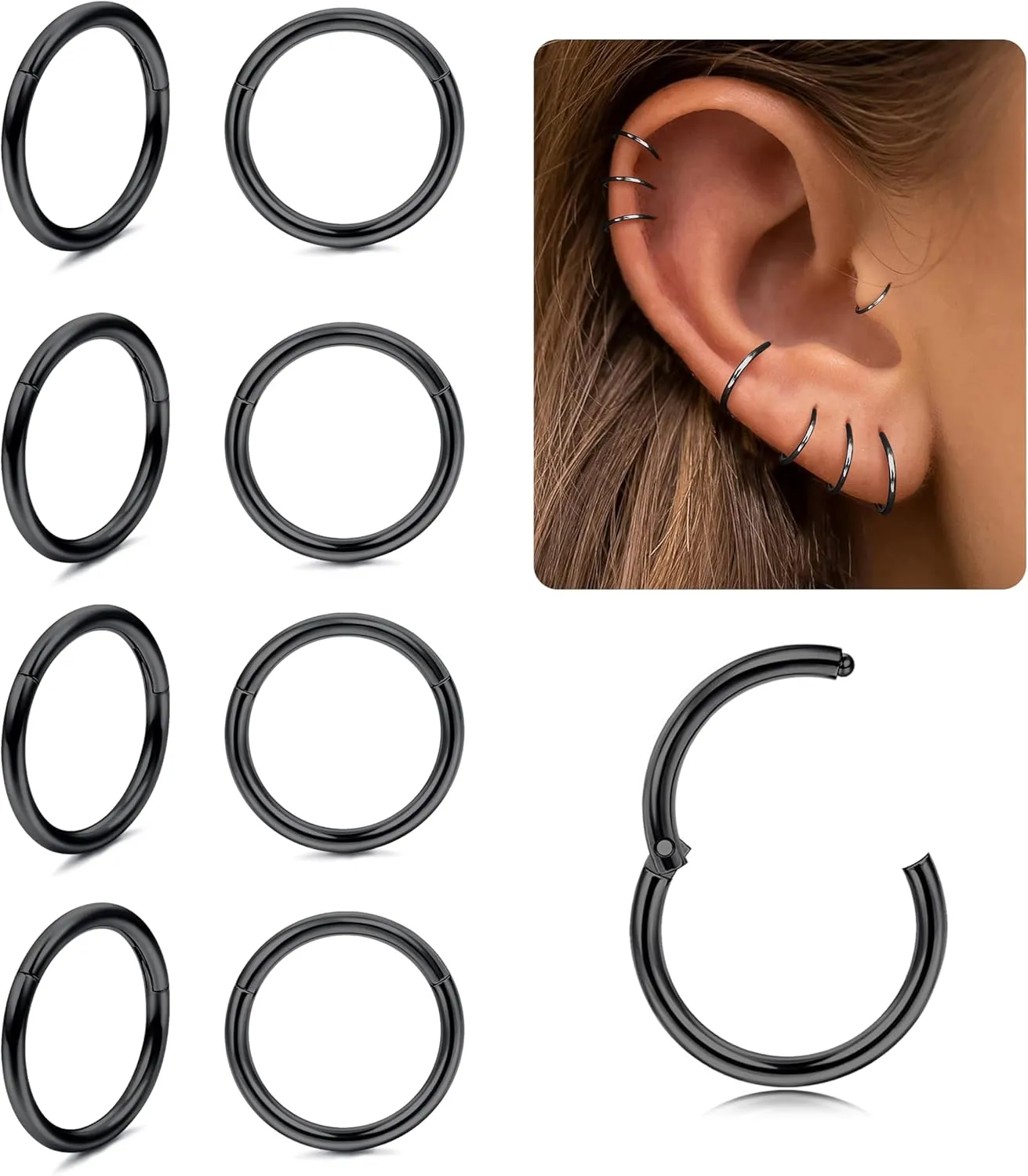 16G Cartilage Hoop Earrings for Women Men - Stainless Steel Hinged Clicker Nose Hoop Rings Helix Septum Conch Daith Lip Tragus Piercing Jewelry 9 Pcs 8mm 10mm