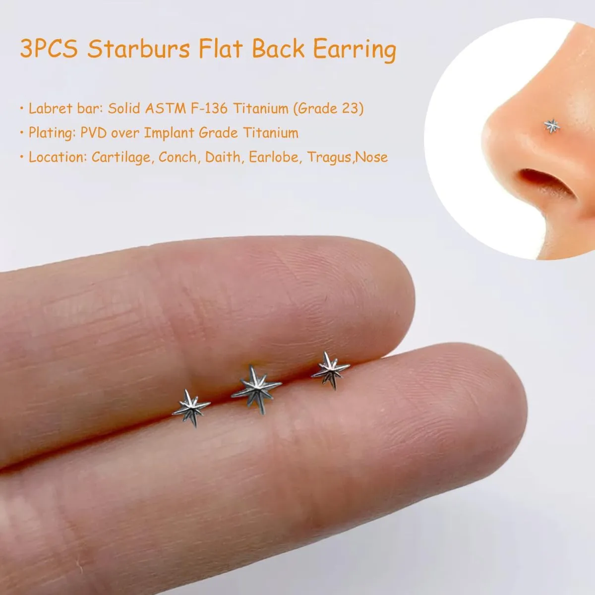 20G/18G/16G Titanium Flat Back Earrings, Threadless Nose Stud Tiny Stud Earrings, Cartilage Tragus Piercing Jewelry Conch Helix Stud