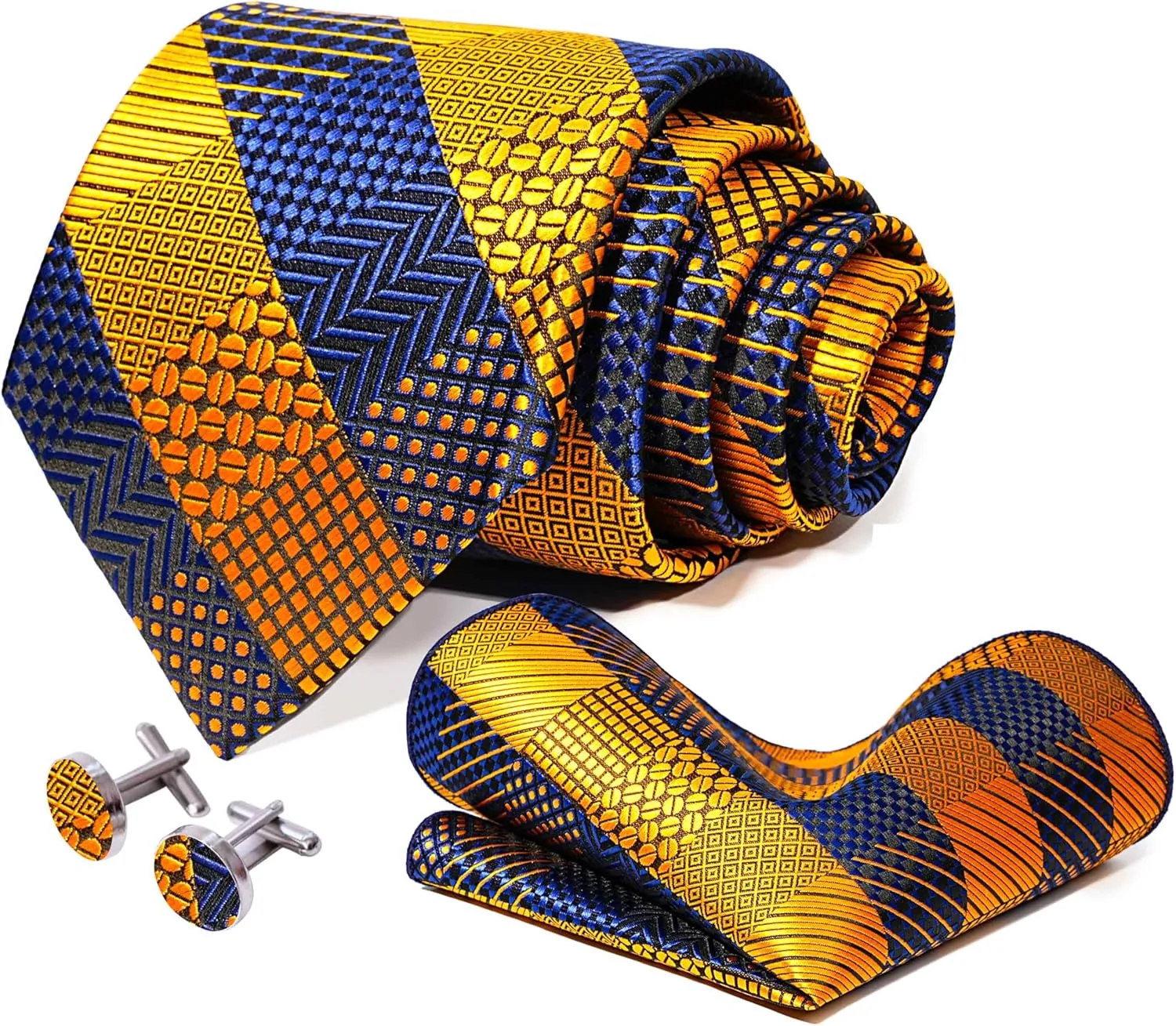 5PCS Tie and Pocket Square Set for Men, Silk Necktie and Handkerchief Cufflinks with Gold Ring and Lapel Pin Set