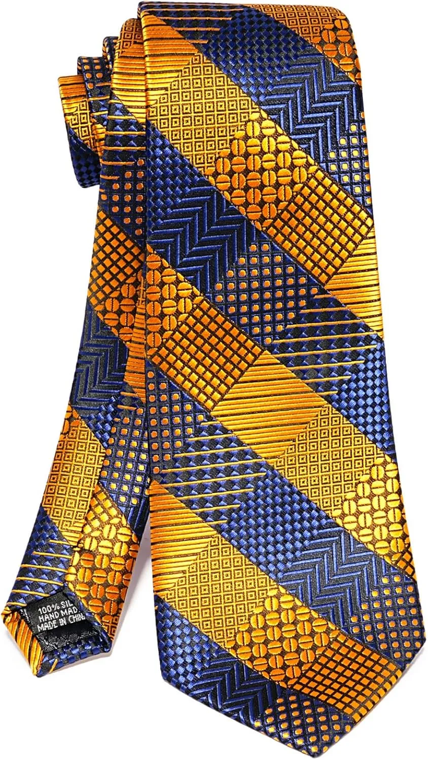 5PCS Tie and Pocket Square Set for Men, Silk Necktie and Handkerchief Cufflinks with Gold Ring and Lapel Pin Set