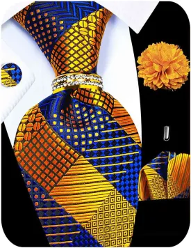 5PCS Tie and Pocket Square Set for Men, Silk Necktie and Handkerchief Cufflinks with Gold Ring and Lapel Pin Set