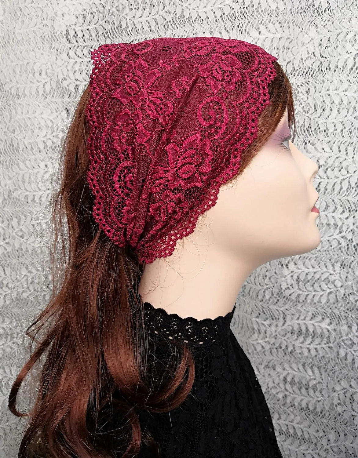 6'' Wide Lace Headbands for Women Headcovering Church Lace Headwrap for Women (Burgundy)