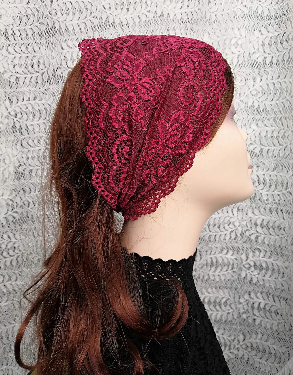 6'' Wide Lace Headbands for Women Headcovering Church Lace Headwrap for Women (Burgundy)