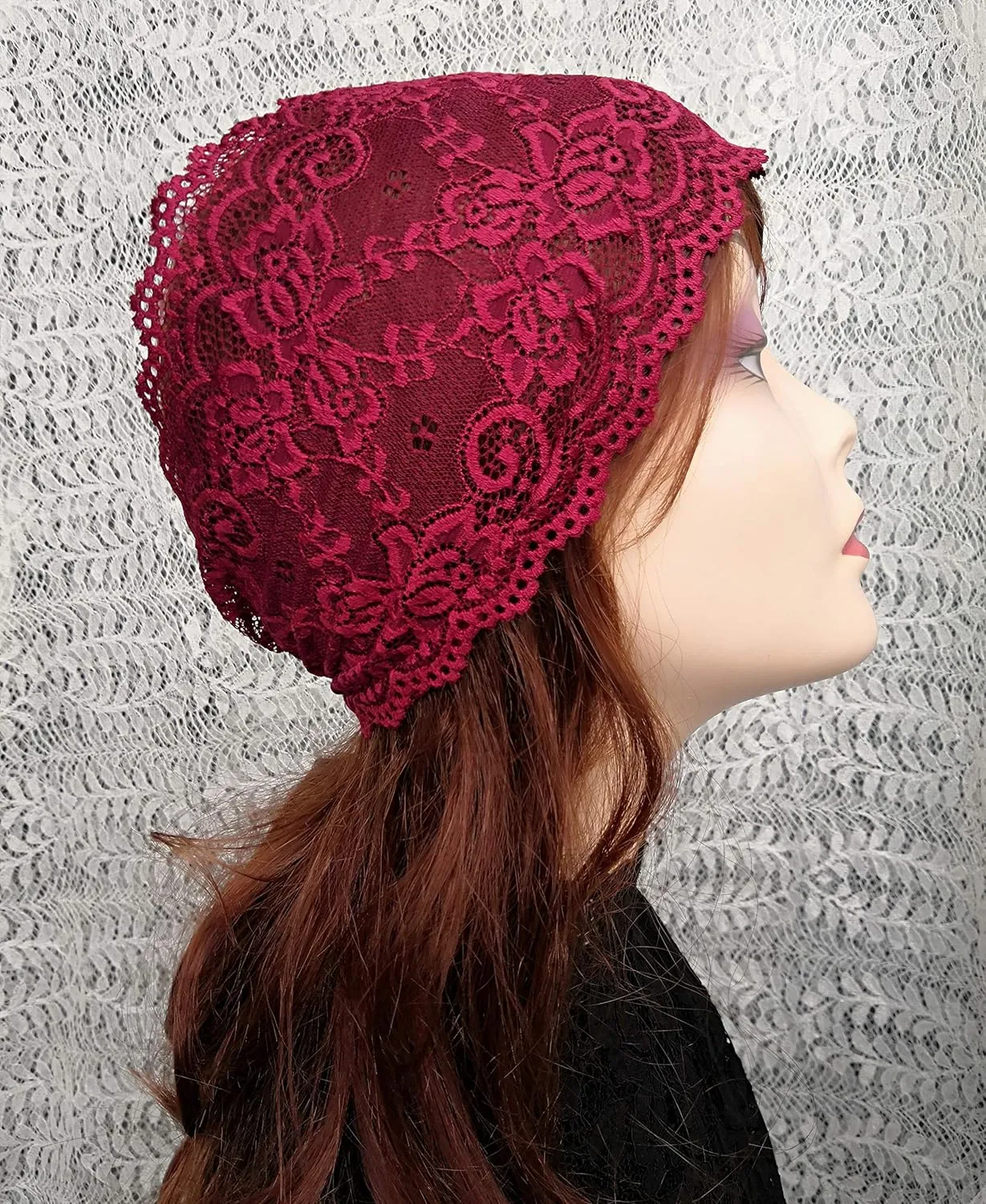 6'' Wide Lace Headbands for Women Headcovering Church Lace Headwrap for Women (Burgundy)