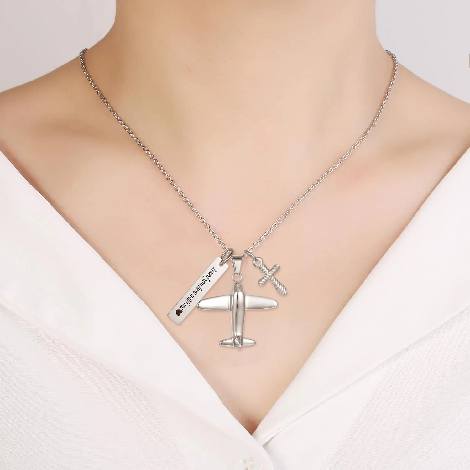 Airplane Urn Necklace For Ashes Stainless Steel Cremation Jewelry With Cross Charm Memorial Pendant I need you here with me Keepsake Gifts For Women Men