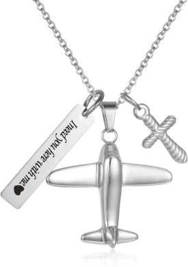 Airplane Urn Necklace For Ashes Stainless Steel Cremation Jewelry With Cross Charm Memorial Pendant I need you here with me Keepsake Gifts For Women Men