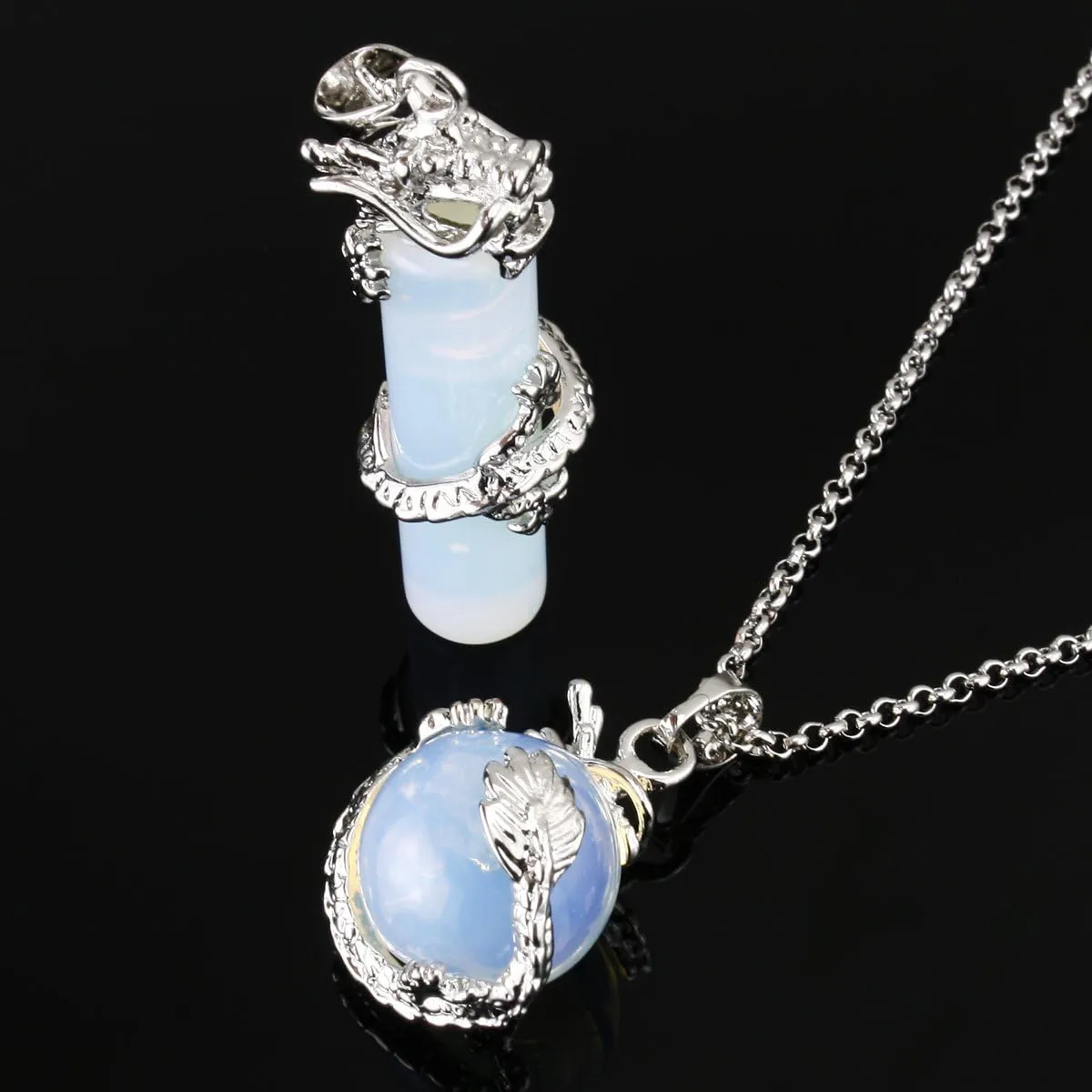 BEADNOVA 2pcs Dragon Wrapped Round Ball Cylinder Gemstone Necklace Crystal Healing Couple Pendant Necklaces Set