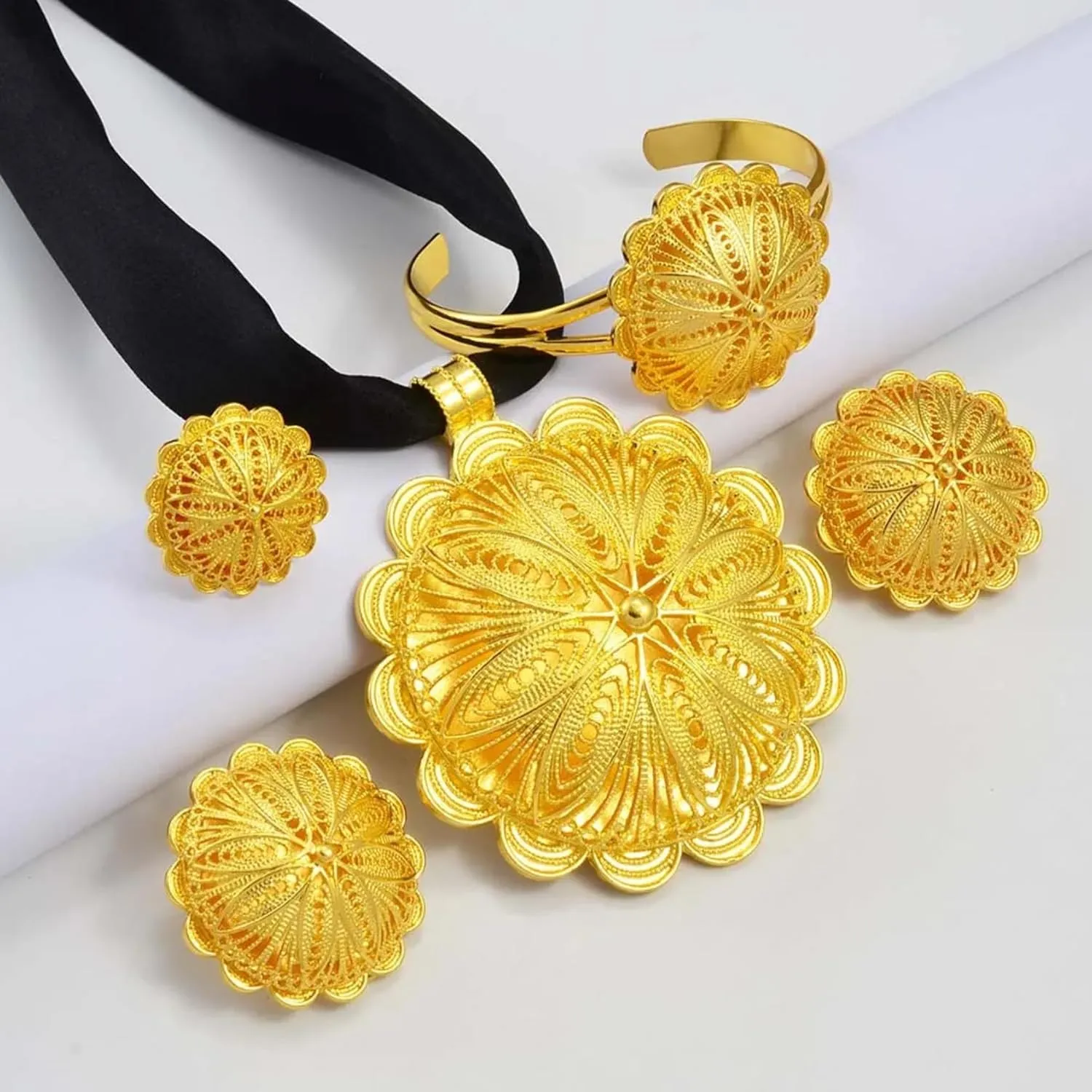 Big Ethiopian Jewelry - Ethiopian Jewelry for Women Set - Big Pendant Necklace Earrings Bracelet Ring African Ethiopian Jewelry Sets Eritrean Traditional Ornaments