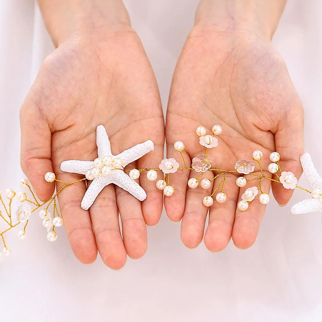CASDRE Starfish Bride Wedding Hair Vine Pearl Bridal Headpiece Beach Wedding Hair Accessories for Women and Girls(C Gold)