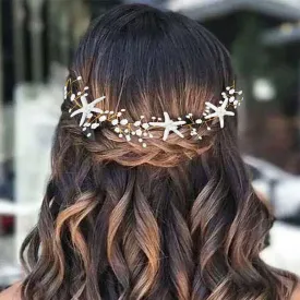 CASDRE Starfish Bride Wedding Hair Vine Pearl Bridal Headpiece Beach Wedding Hair Accessories for Women and Girls(C Gold)