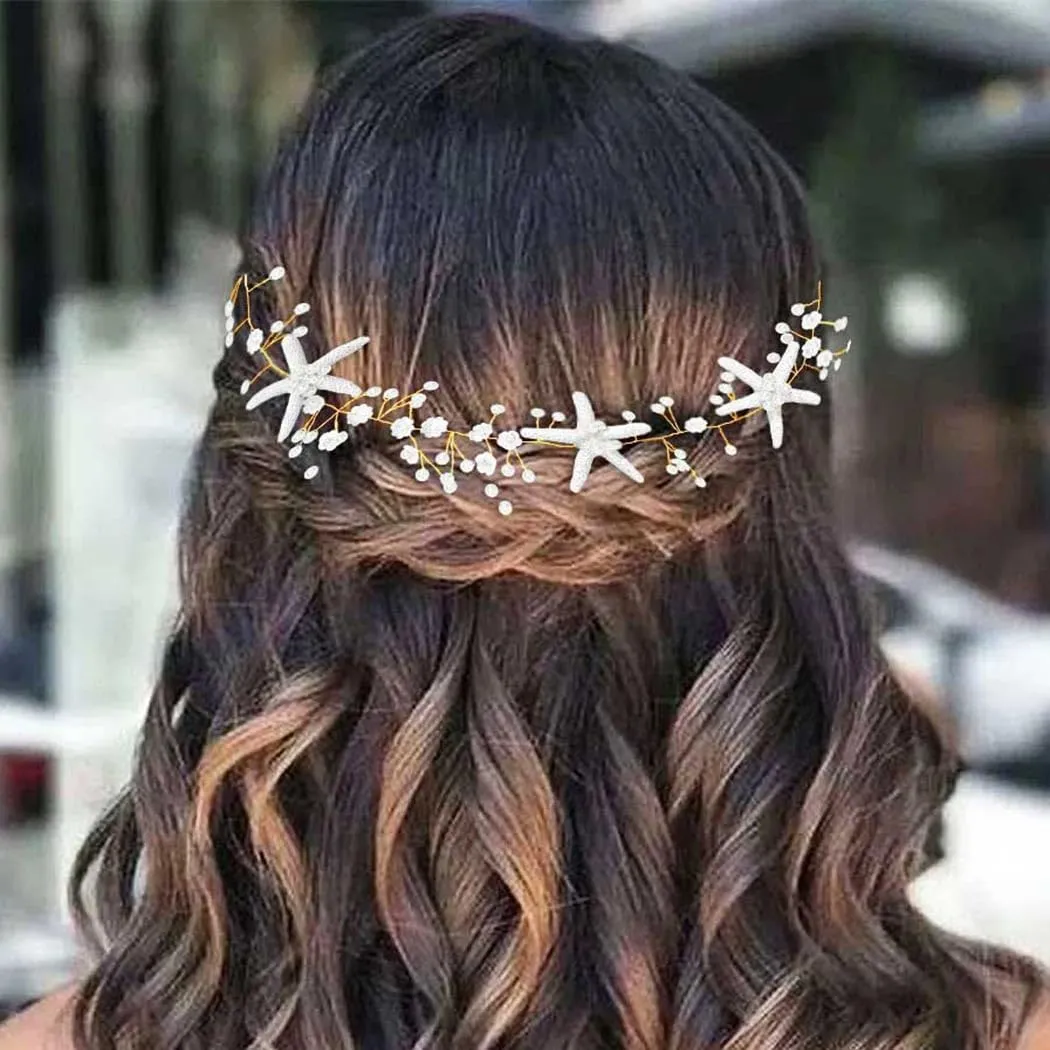 CASDRE Starfish Bride Wedding Hair Vine Pearl Bridal Headpiece Beach Wedding Hair Accessories for Women and Girls(C Gold)