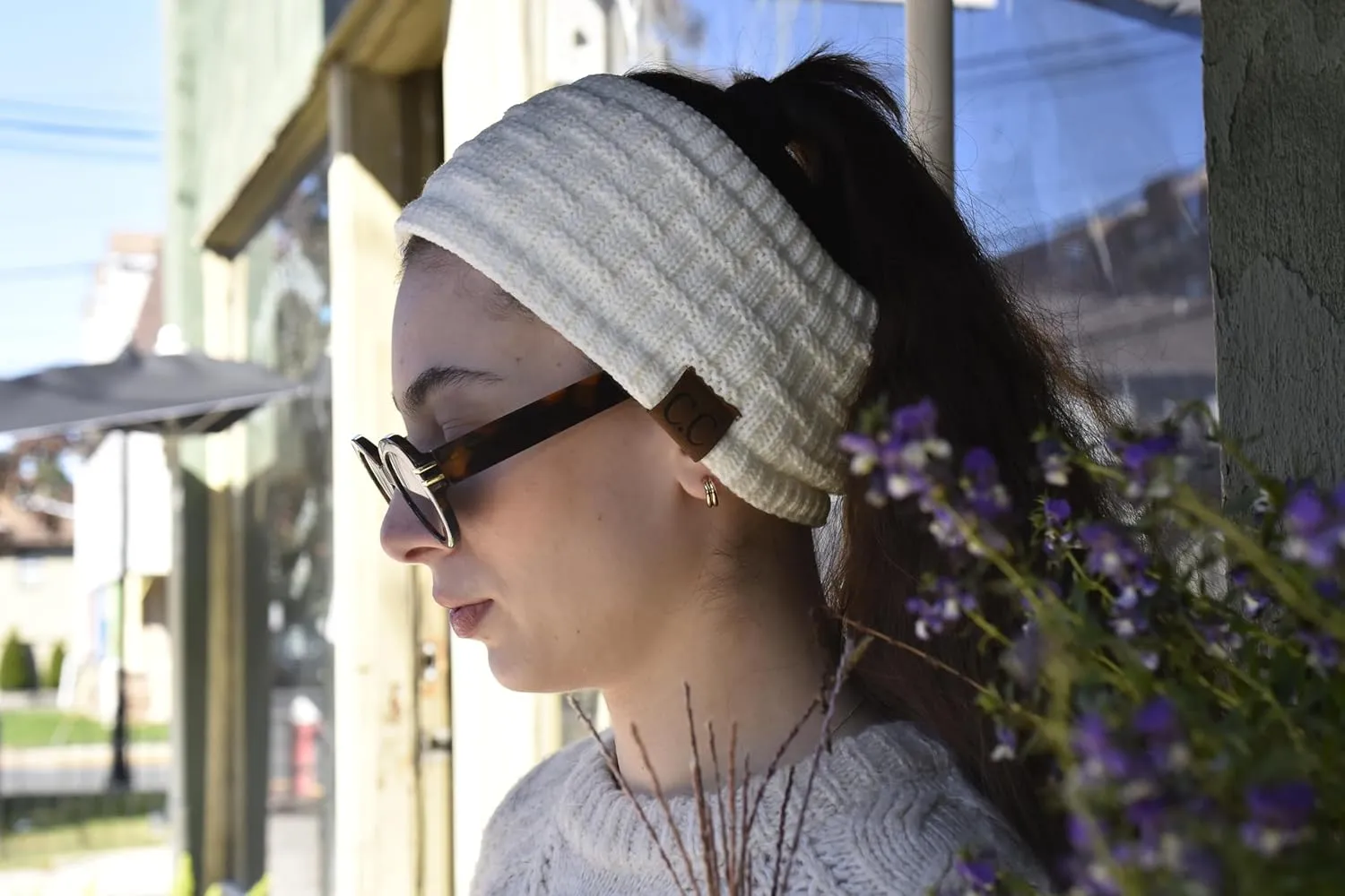 C.C Exclusives Women Headwrap Sherpa Fuzzy Fleece Lined Headband Stretch Knit Ear Warmer (Ivory)