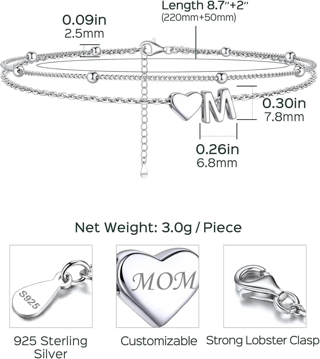 ChicSilver Sterling Silver Anklets for Women Hypoallergenic Womens Ankle Bracelets for Women Layered Heart Anklet With Initials Womens Anklets Jewelry for Mom Wife