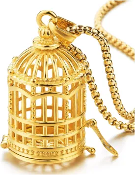 COOLSTEELANDBEYOND Steel Birdcage Pendant Necklace Men Women 3D Gold Tone Hollow Cage Charm Artistic Statement Jewelry