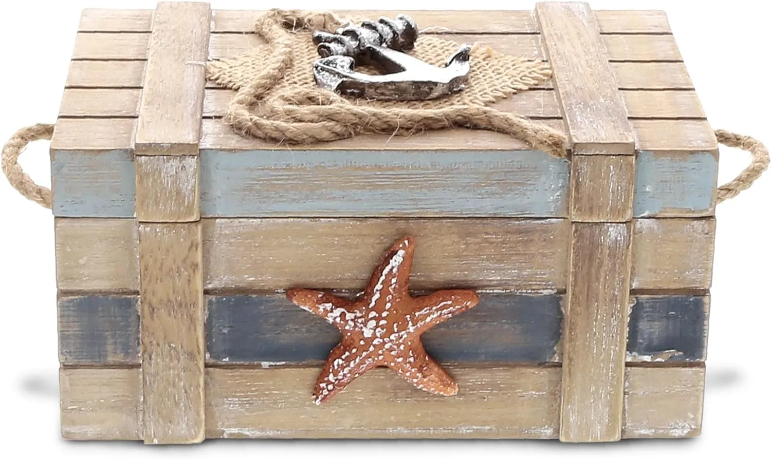 CoTa Global Neptune Wooden Jewelry Box - Handcrafted Nautical Trinket Wooden Box with Starfish and Boat Anchor, Decorative Box With Hinged Lid for Beach Home Decor, Beach Souvenirs - 6.5 Inches
