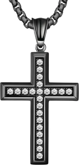 Cross Necklace for Men Stainless Steel Crucifix Pendant Silver White Gold Yellow Black Jesus Christ Plain Simple Women Fine Jewelry Gifts, 24 Inches Rolo Chain, Zirconia, Polished, Rope