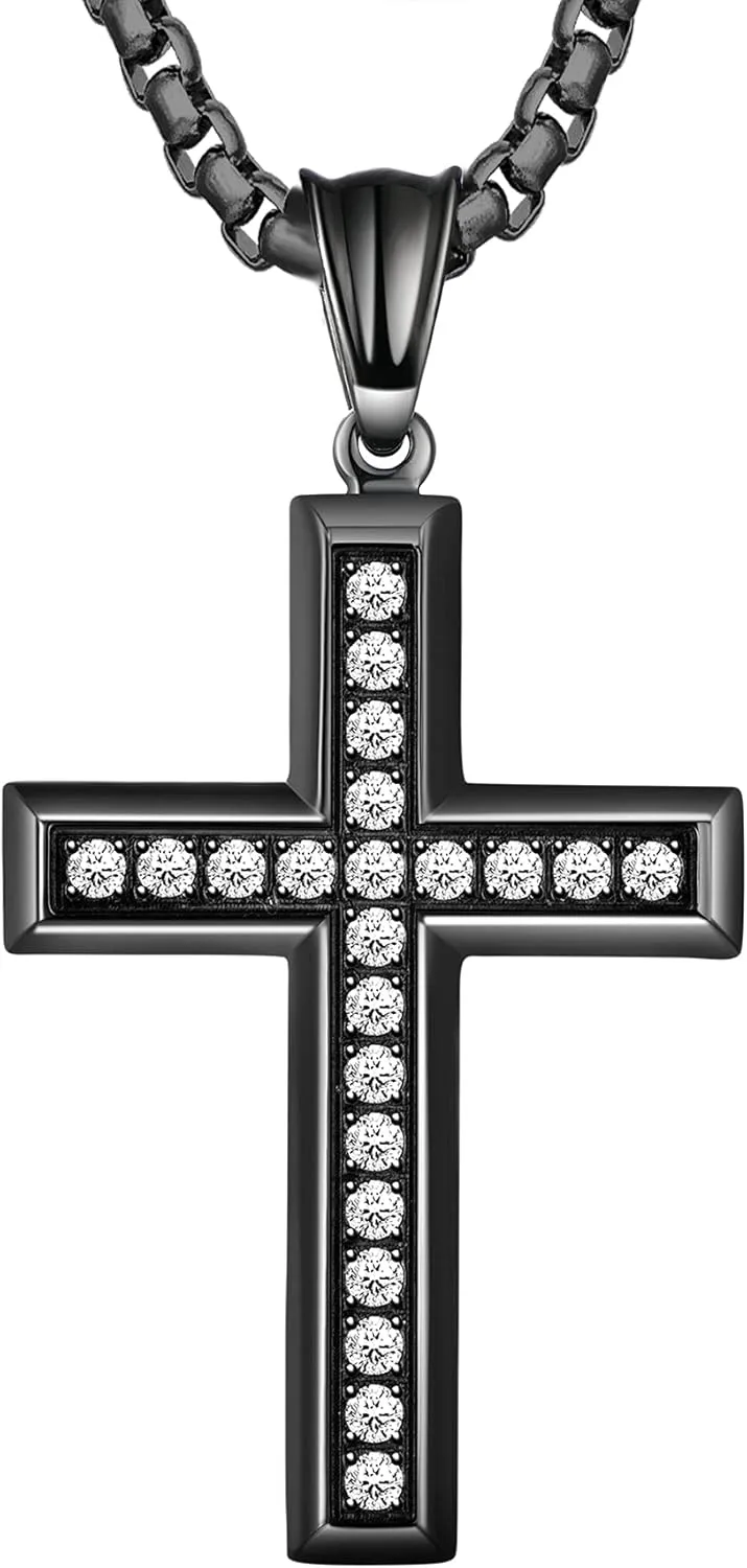 Cross Necklace for Men Stainless Steel Crucifix Pendant Silver White Gold Yellow Black Jesus Christ Plain Simple Women Fine Jewelry Gifts, 24 Inches Rolo Chain, Zirconia, Polished, Rope