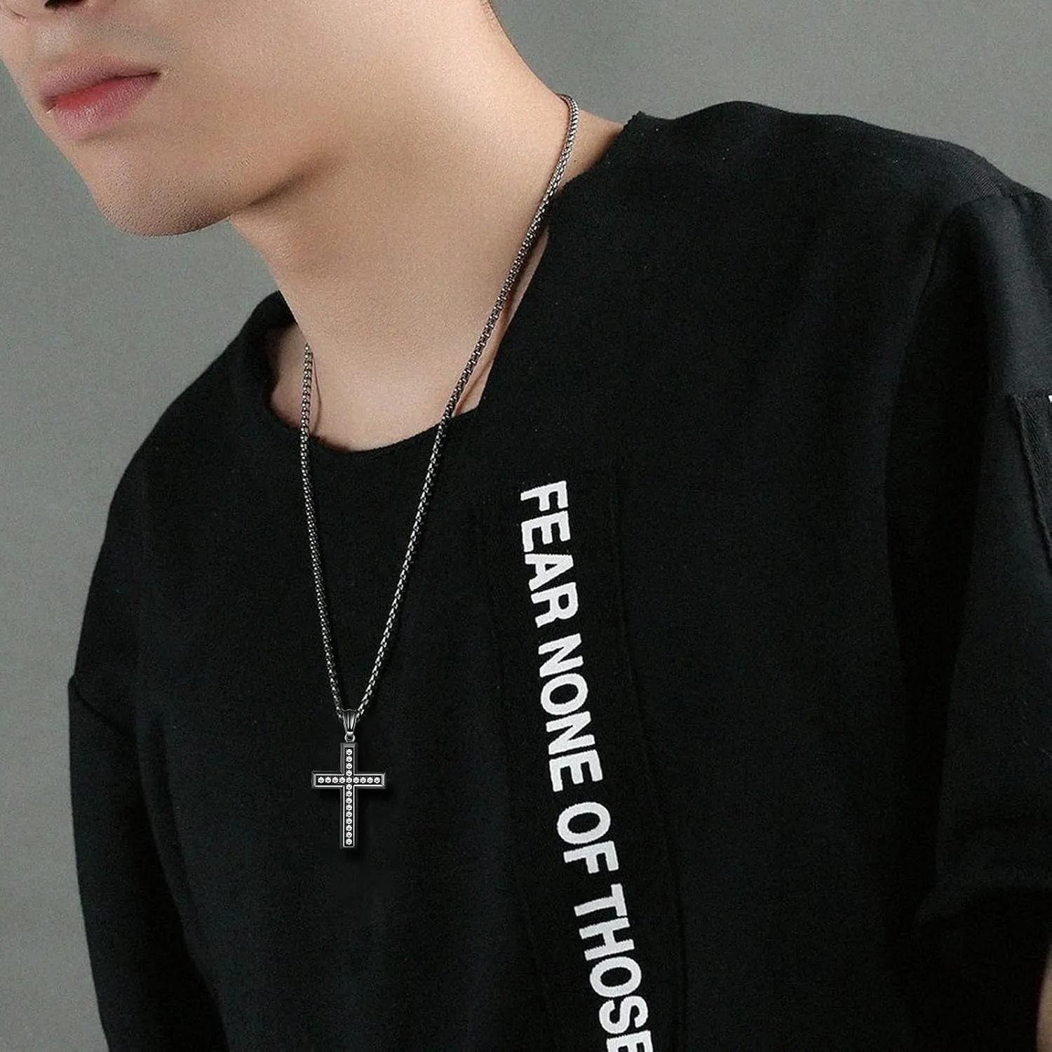 Cross Necklace for Men Stainless Steel Crucifix Pendant Silver White Gold Yellow Black Jesus Christ Plain Simple Women Fine Jewelry Gifts, 24 Inches Rolo Chain, Zirconia, Polished, Rope
