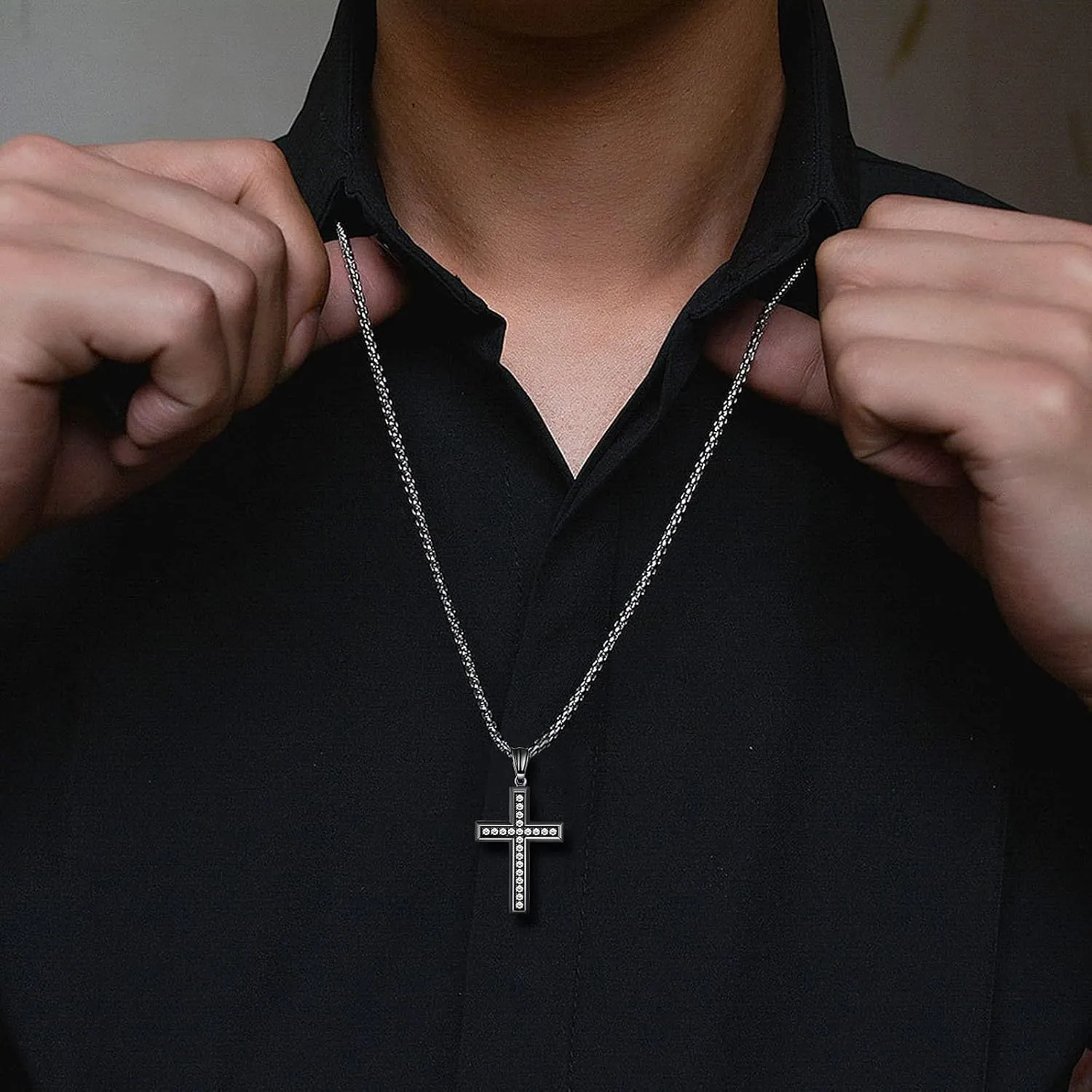 Cross Necklace for Men Stainless Steel Crucifix Pendant Silver White Gold Yellow Black Jesus Christ Plain Simple Women Fine Jewelry Gifts, 24 Inches Rolo Chain, Zirconia, Polished, Rope