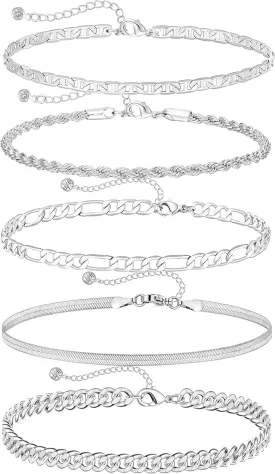 DEARMAY Dainty Silver Ankle Bracelets for Women Waterproof, S925 Sterling Silver Anklets Jewelry Layered Cuban Chain Herringbone Cute Anklets Set Pack Summer Beach Gift for Women Teen