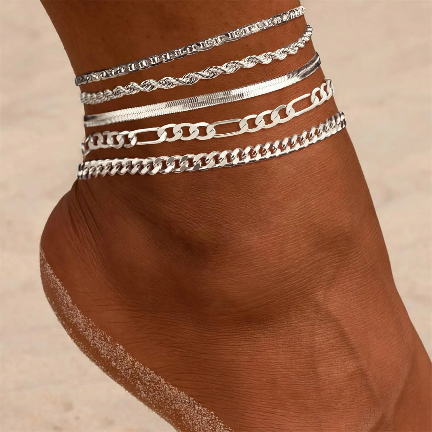 DEARMAY Dainty Silver Ankle Bracelets for Women Waterproof, S925 Sterling Silver Anklets Jewelry Layered Cuban Chain Herringbone Cute Anklets Set Pack Summer Beach Gift for Women Teen