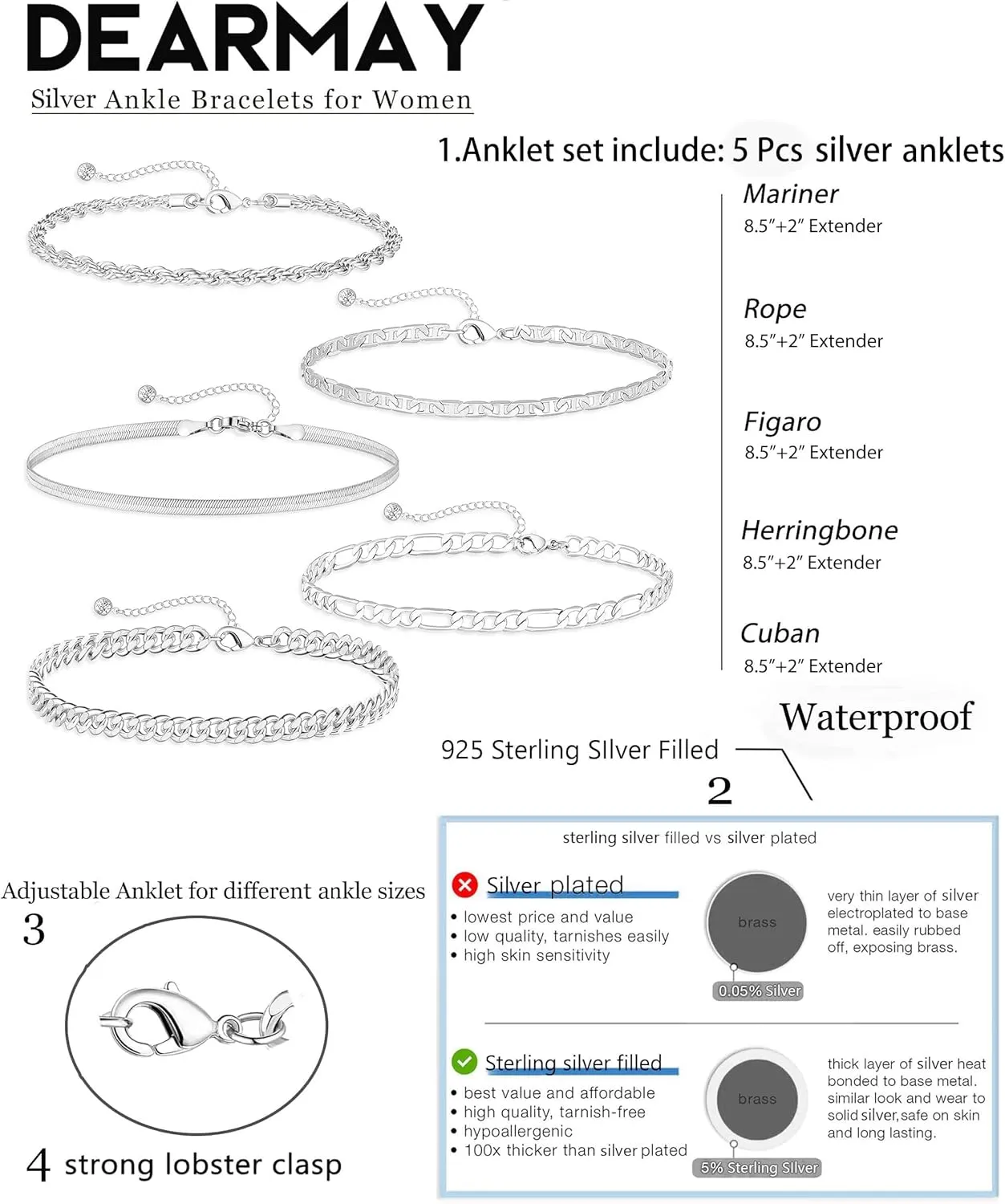 DEARMAY Dainty Silver Ankle Bracelets for Women Waterproof, S925 Sterling Silver Anklets Jewelry Layered Cuban Chain Herringbone Cute Anklets Set Pack Summer Beach Gift for Women Teen