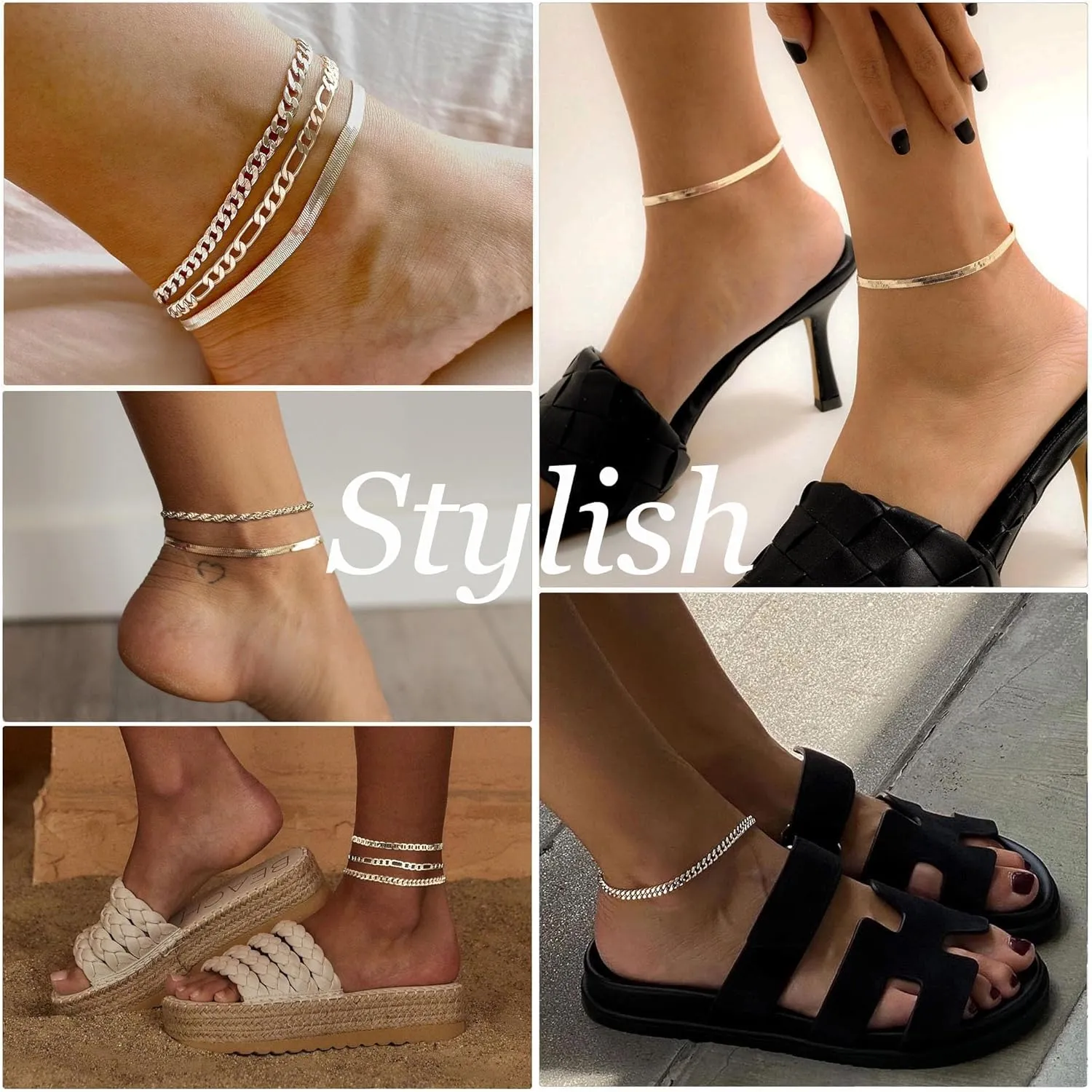 DEARMAY Dainty Silver Ankle Bracelets for Women Waterproof, S925 Sterling Silver Anklets Jewelry Layered Cuban Chain Herringbone Cute Anklets Set Pack Summer Beach Gift for Women Teen