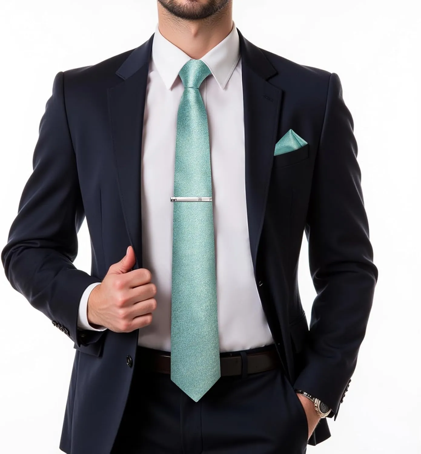 DiBanGu Mens Silk Necktie Solid Color Tie and Pocket Square Cufflink Tie Clip Set Woven Plain Ties for Men Wedding Party