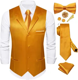 Dubulle Mens Satin Vest and Tie Solid Suit Waistcoat and Pre-tied Bowtie Set for Men Lapel Pin Wedding Party