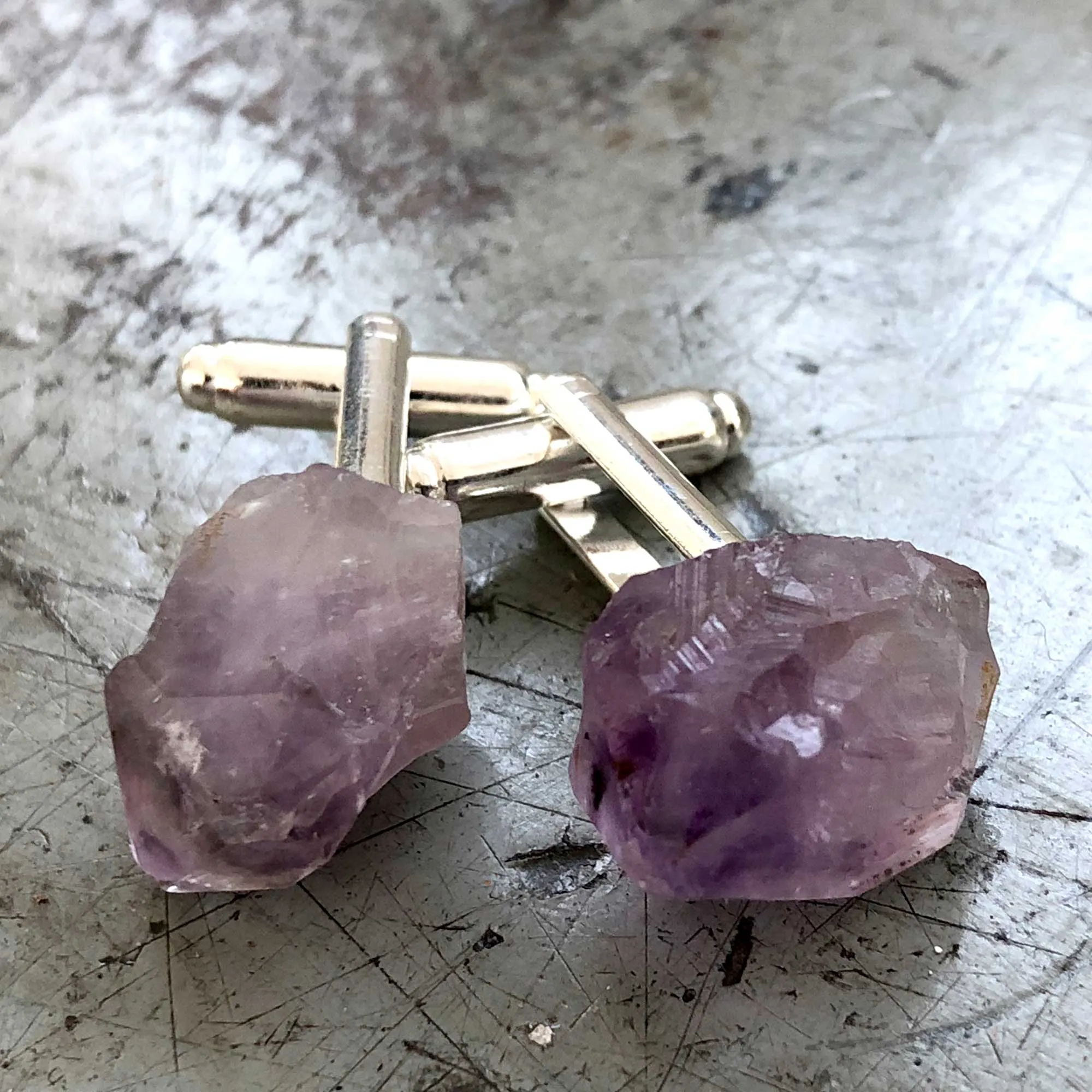 Elestial Amethyst Point Cufflinks, raw stone crystal cuff links