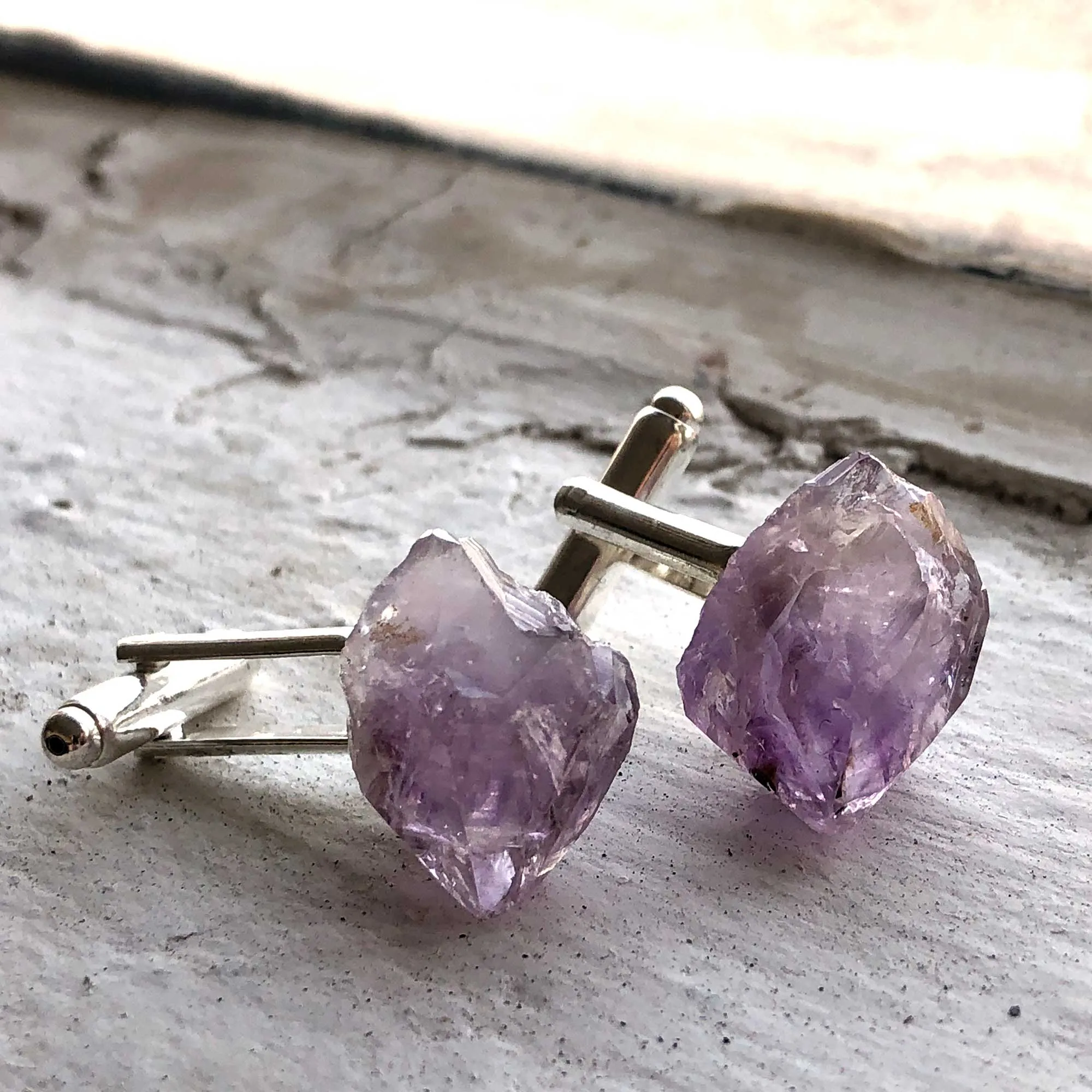 Elestial Amethyst Point Cufflinks, raw stone crystal cuff links