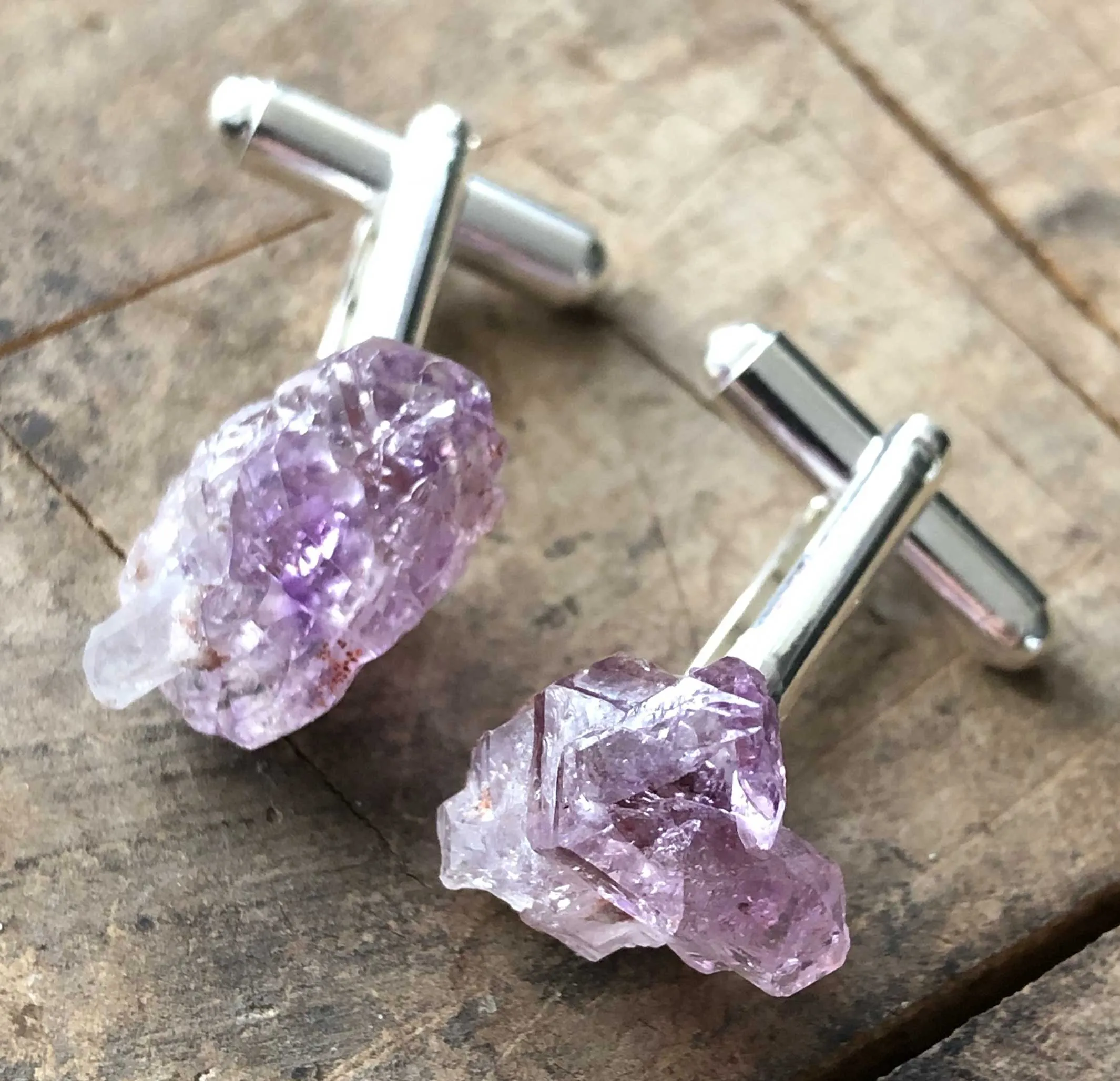 Elestial Amethyst Point Cufflinks, raw stone crystal cuff links