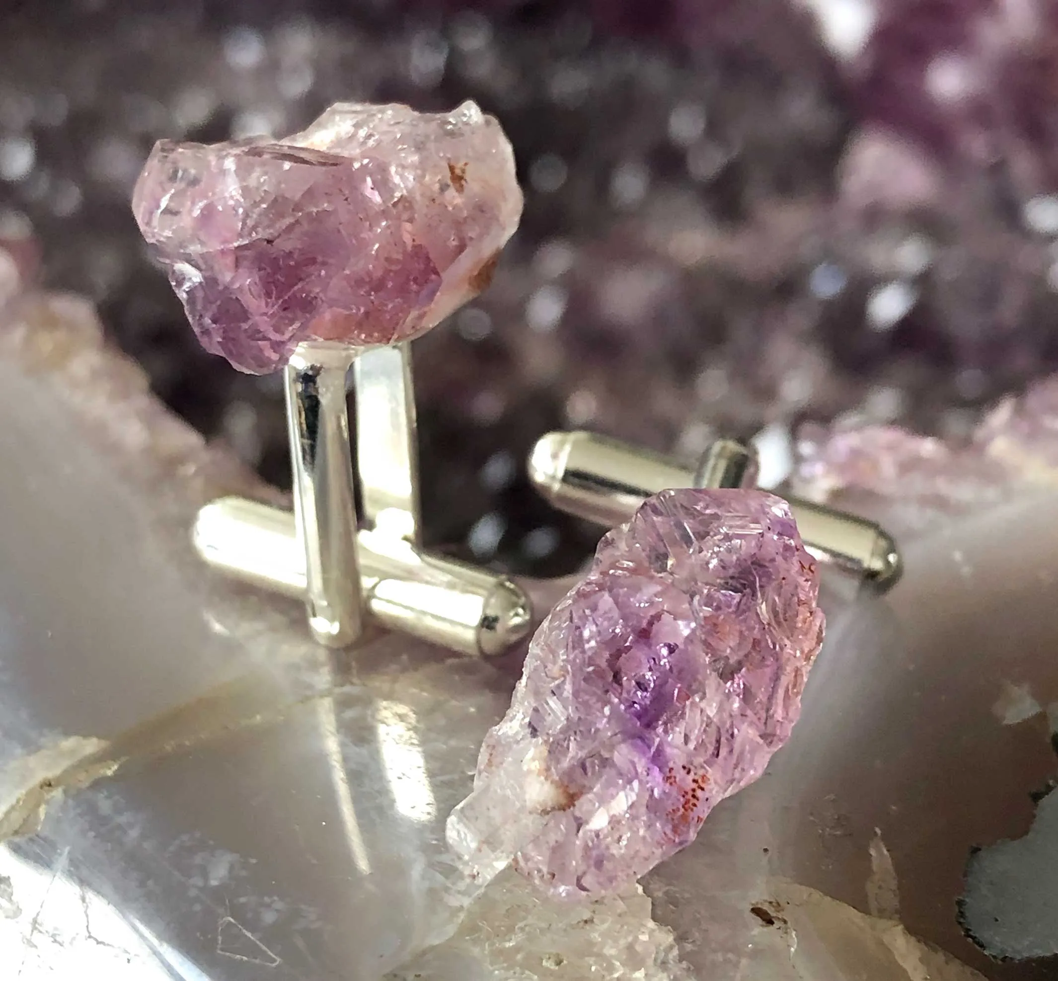 Elestial Amethyst Point Cufflinks, raw stone crystal cuff links