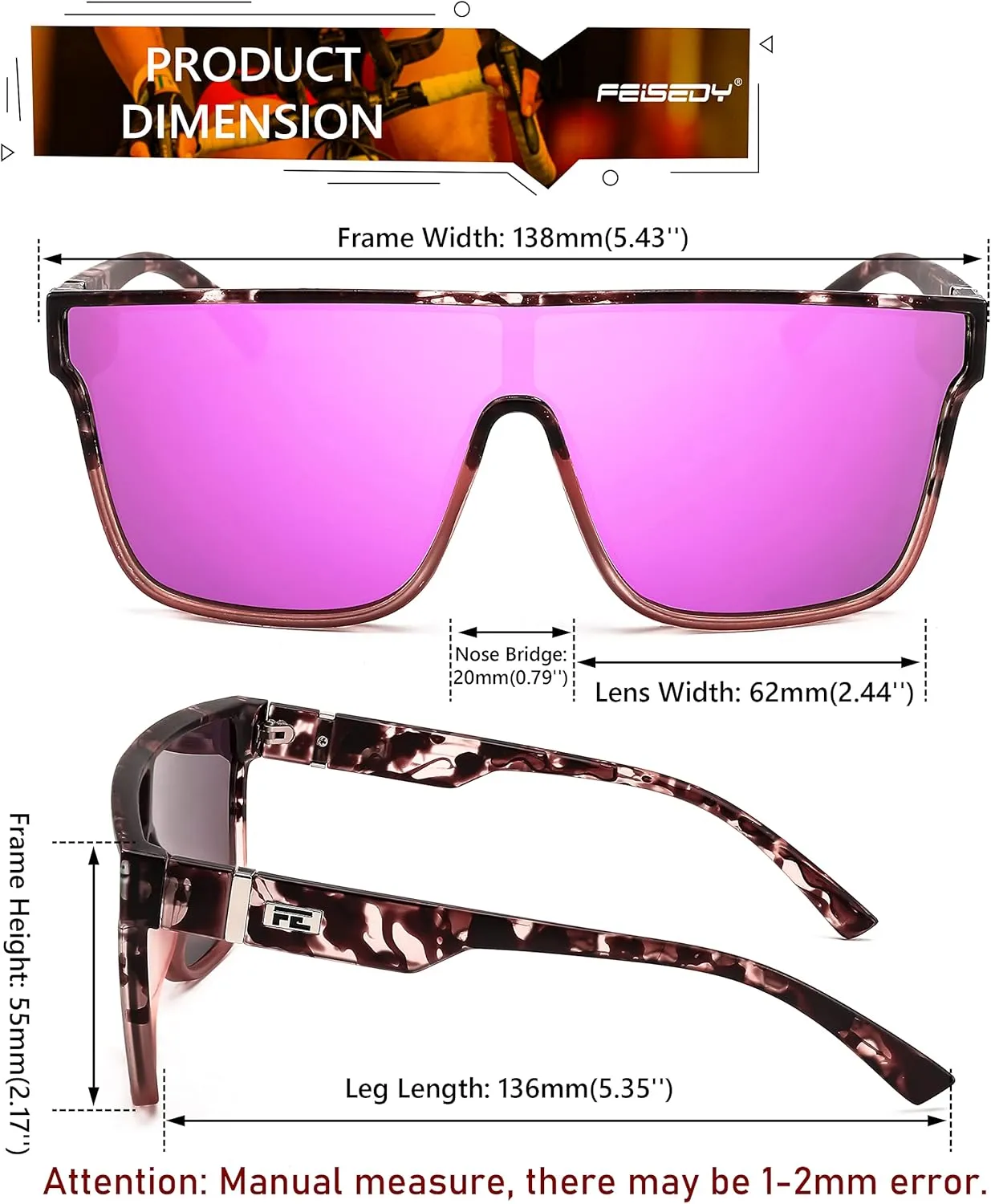 FEISEDY Sunglasses for Women Men, Fashion Mirrored Single Lens, Driving Beach Sunnies UV400 Shades B2996