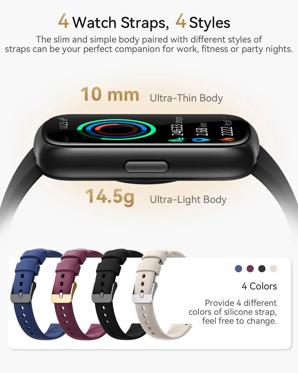 Fitness Tracker, 4 Bands Fitness Watches for Men/Women, Smart Watch with 24/7 Heart Rate/SpO2/Sleep Monitor, IP68 Health Fitness Tracker Watch for Android/iOS Phones, Activity Tracker with Step Count
