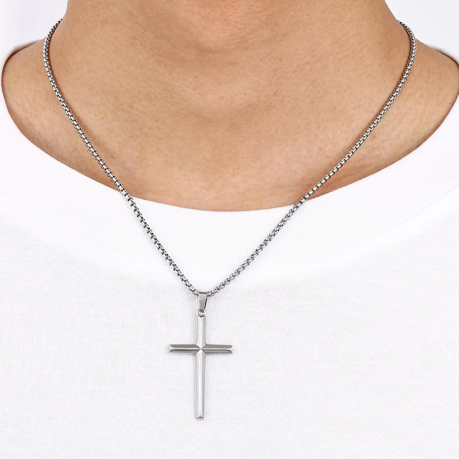 Fiusem Beveled Edge Cross Necklace for Men, Silver Tone/Black/14K Gold Plated Mens Cross Necklace, 2.5MM Stainless Steel Box Chain with Pendant