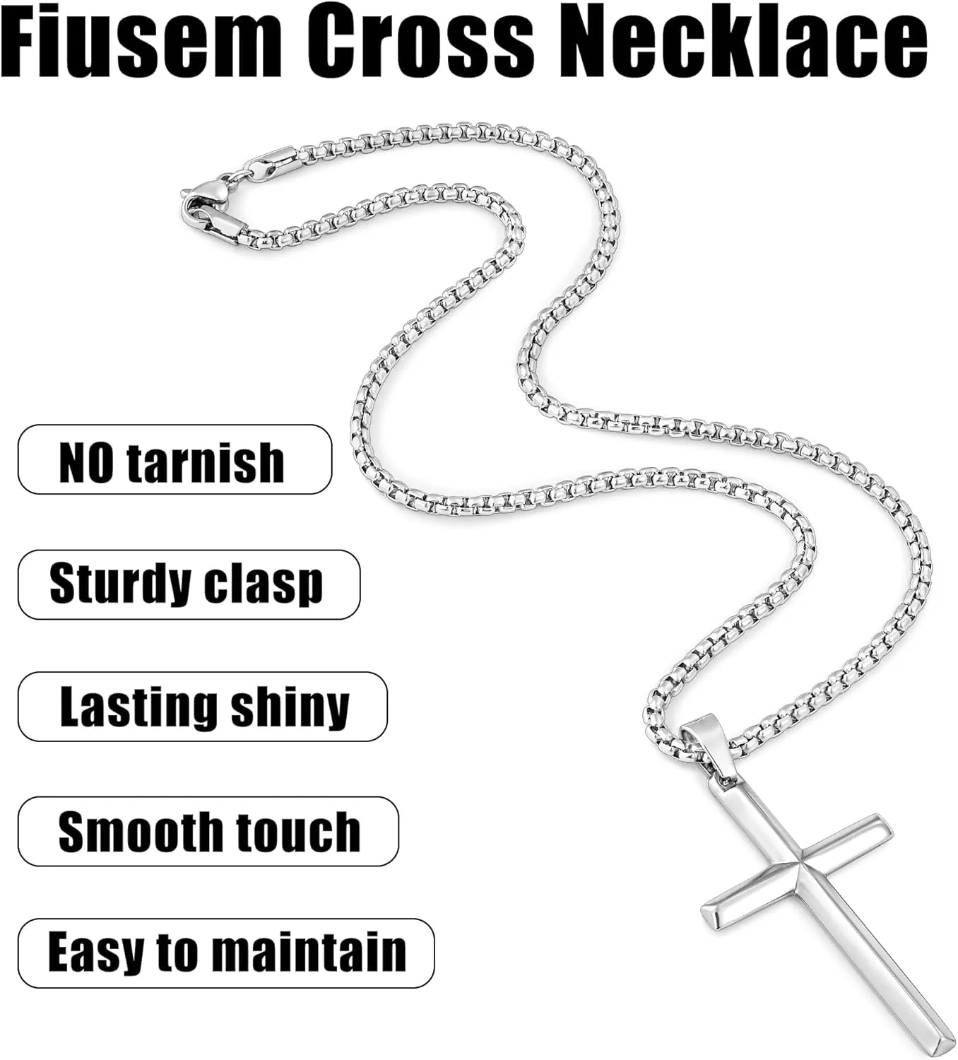 Fiusem Beveled Edge Cross Necklace for Men, Silver Tone/Black/14K Gold Plated Mens Cross Necklace, 2.5MM Stainless Steel Box Chain with Pendant