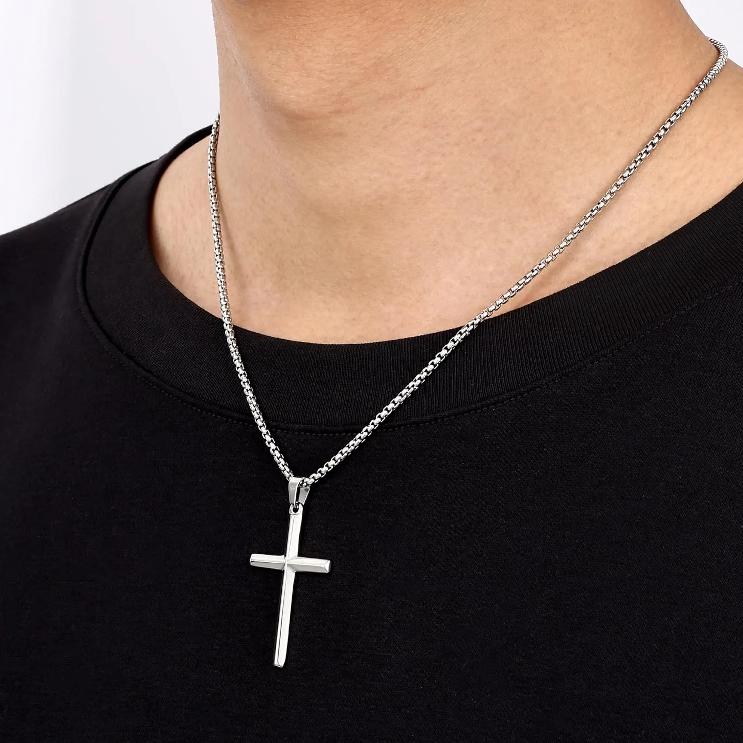 Fiusem Beveled Edge Cross Necklace for Men, Silver Tone/Black/14K Gold Plated Mens Cross Necklace, 2.5MM Stainless Steel Box Chain with Pendant