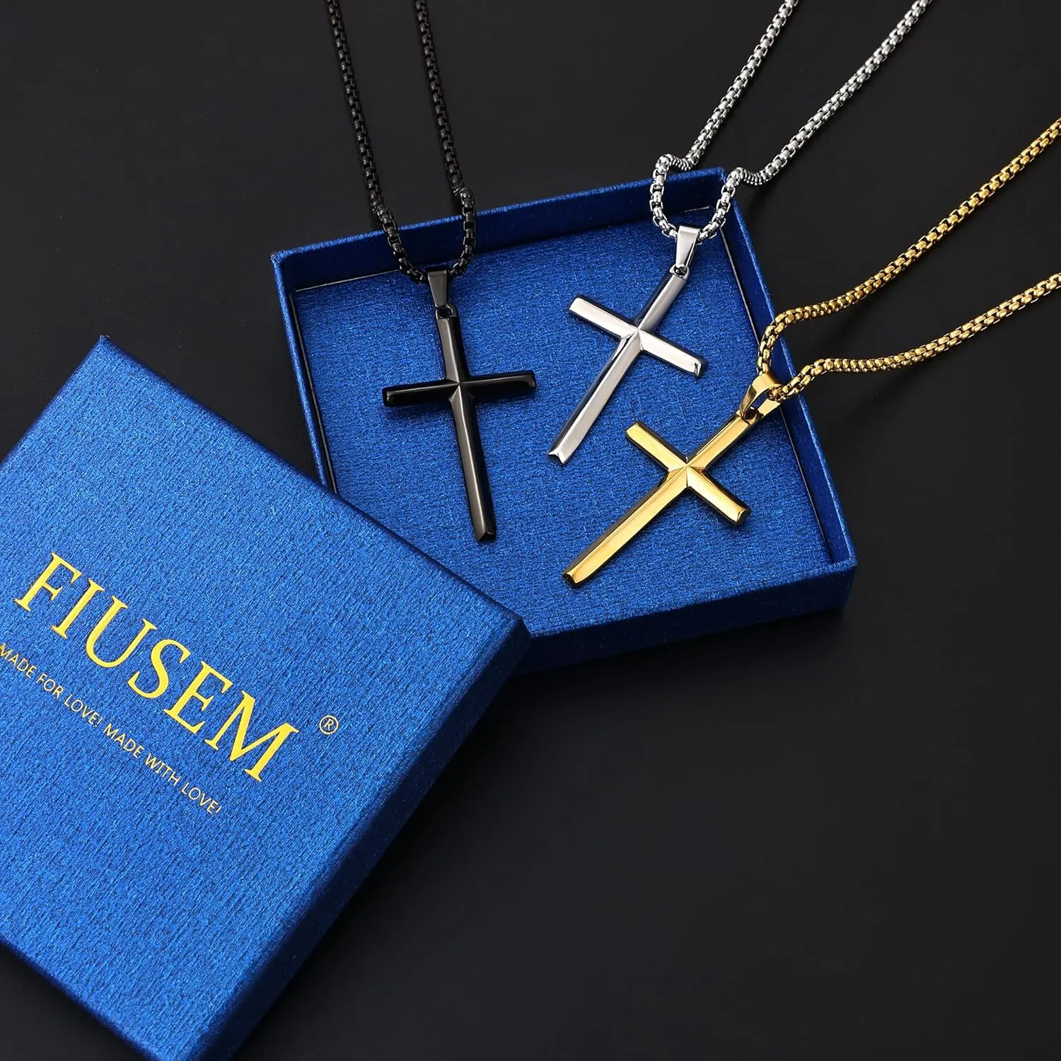 Fiusem Beveled Edge Cross Necklace for Men, Silver Tone/Black/14K Gold Plated Mens Cross Necklace, 2.5MM Stainless Steel Box Chain with Pendant