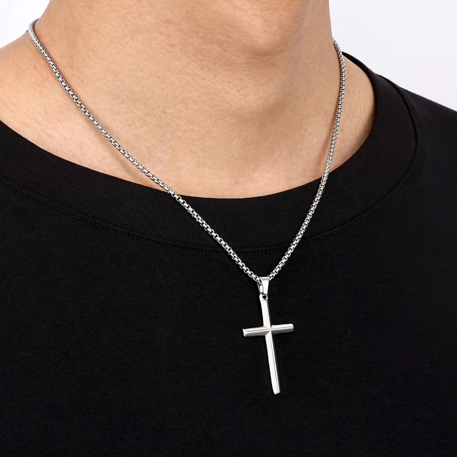 Fiusem Beveled Edge Cross Necklace for Men, Silver Tone/Black/14K Gold Plated Mens Cross Necklace, 2.5MM Stainless Steel Box Chain with Pendant