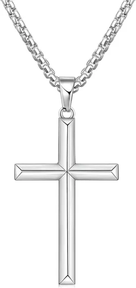 Fiusem Beveled Edge Cross Necklace for Men, Silver Tone/Black/14K Gold Plated Mens Cross Necklace, 2.5MM Stainless Steel Box Chain with Pendant