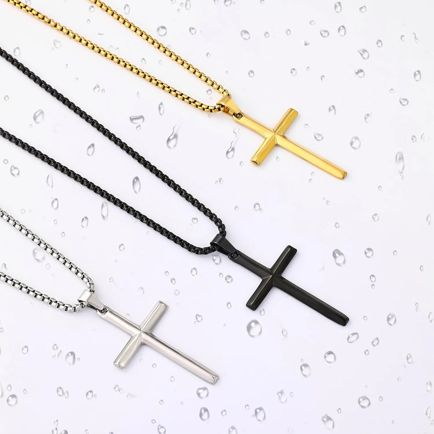 Fiusem Beveled Edge Cross Necklace for Men, Silver Tone/Black/14K Gold Plated Mens Cross Necklace, 2.5MM Stainless Steel Box Chain with Pendant