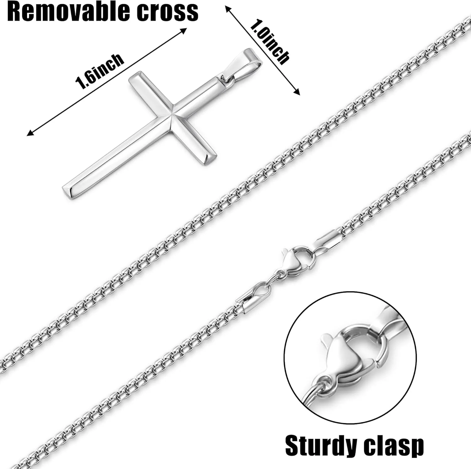 Fiusem Beveled Edge Cross Necklace for Men, Silver Tone/Black/14K Gold Plated Mens Cross Necklace, 2.5MM Stainless Steel Box Chain with Pendant