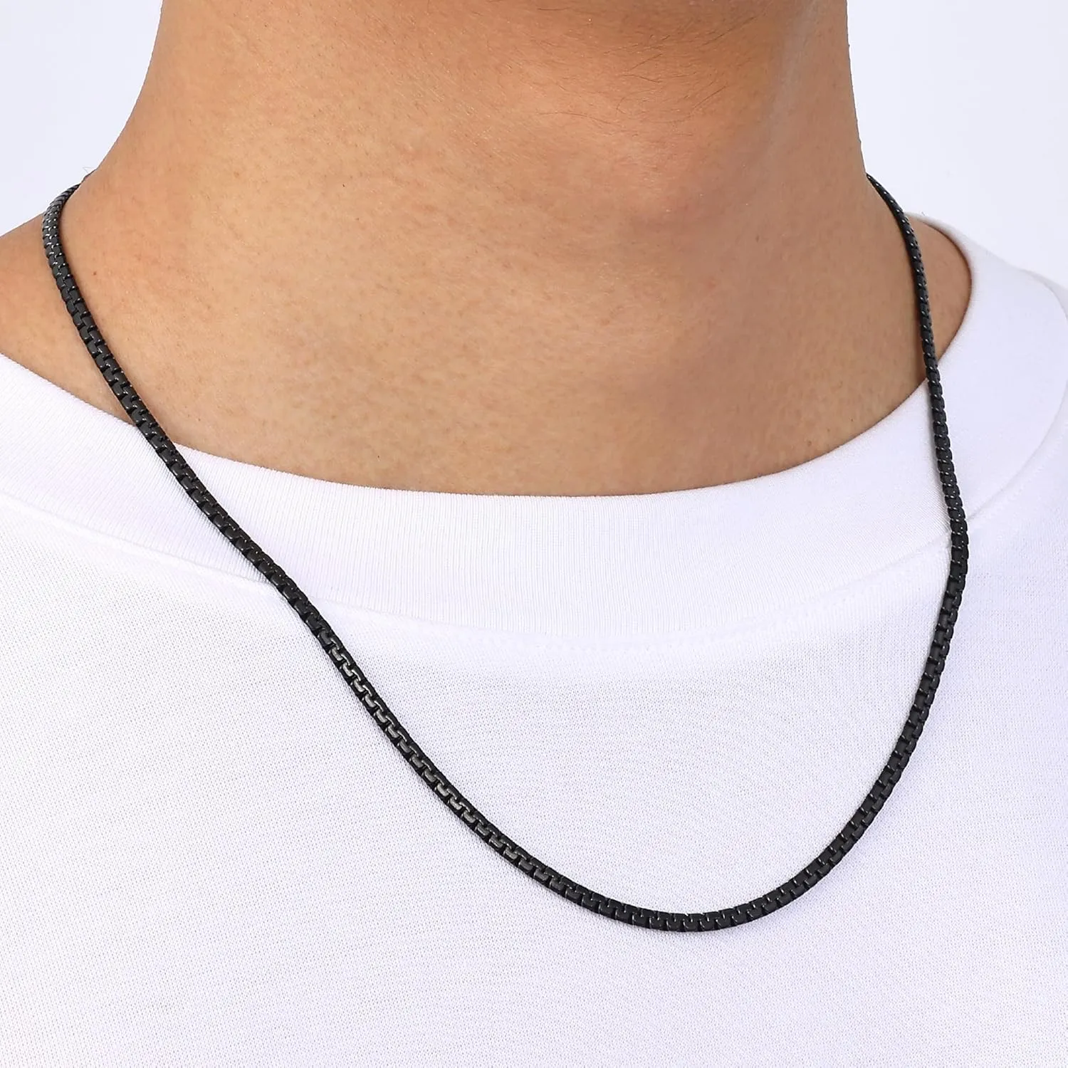 Fiusem Black Flat Box Chains for Men, 3/5mm Stainless Steel Chain Necklace, Necklaces for Men and Women 16-28 Inches