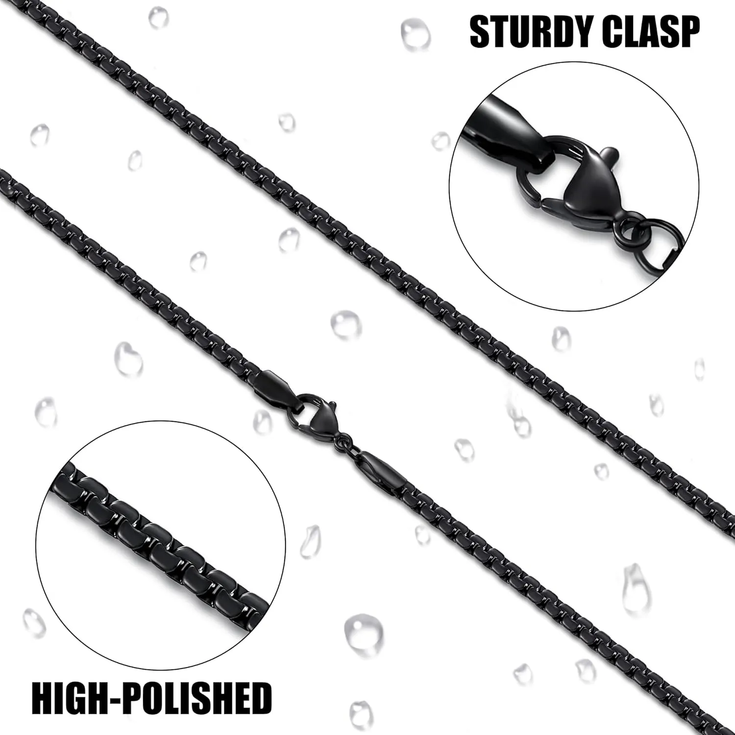 Fiusem Black Flat Box Chains for Men, 3/5mm Stainless Steel Chain Necklace, Necklaces for Men and Women 16-28 Inches