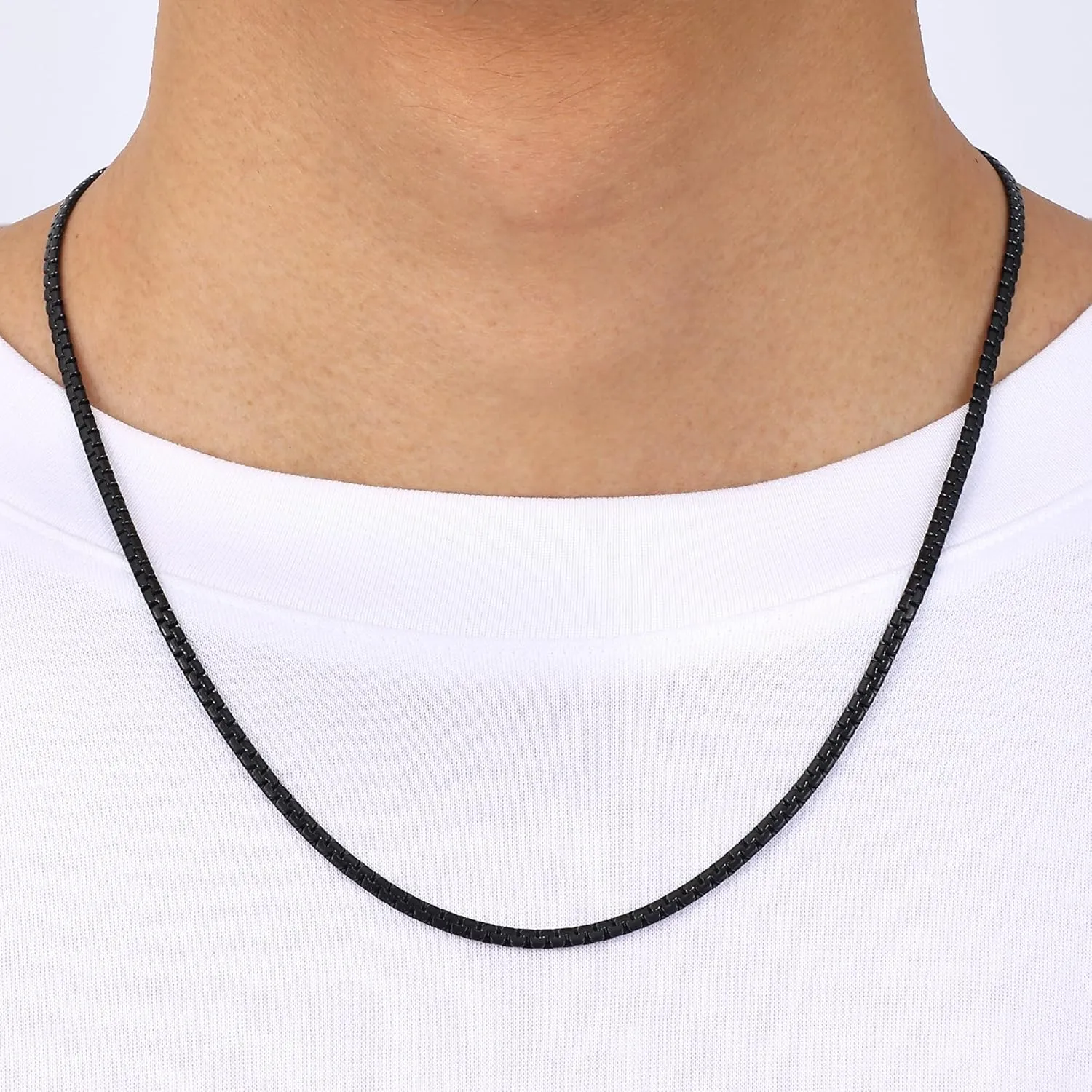 Fiusem Black Flat Box Chains for Men, 3/5mm Stainless Steel Chain Necklace, Necklaces for Men and Women 16-28 Inches