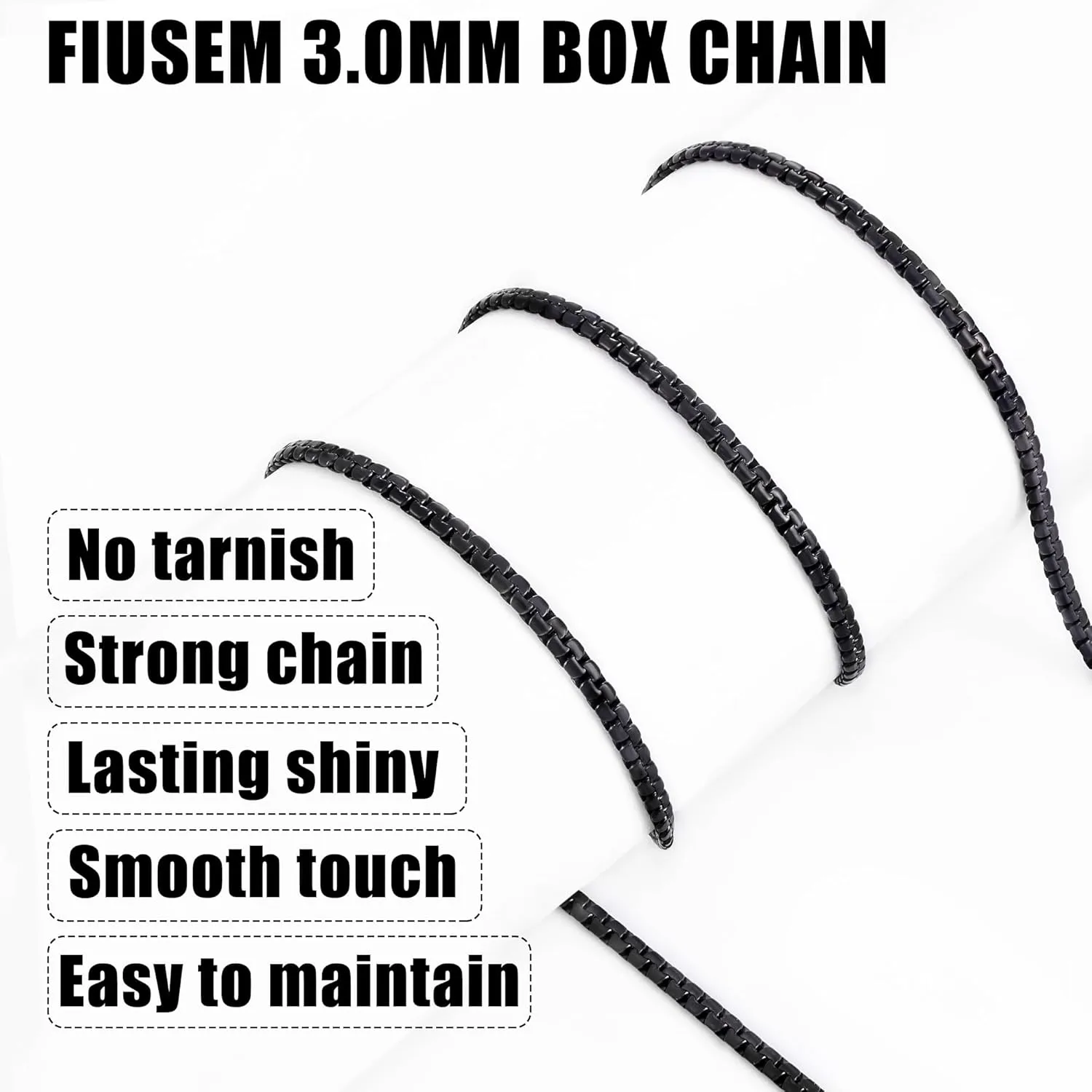 Fiusem Black Flat Box Chains for Men, 3/5mm Stainless Steel Chain Necklace, Necklaces for Men and Women 16-28 Inches