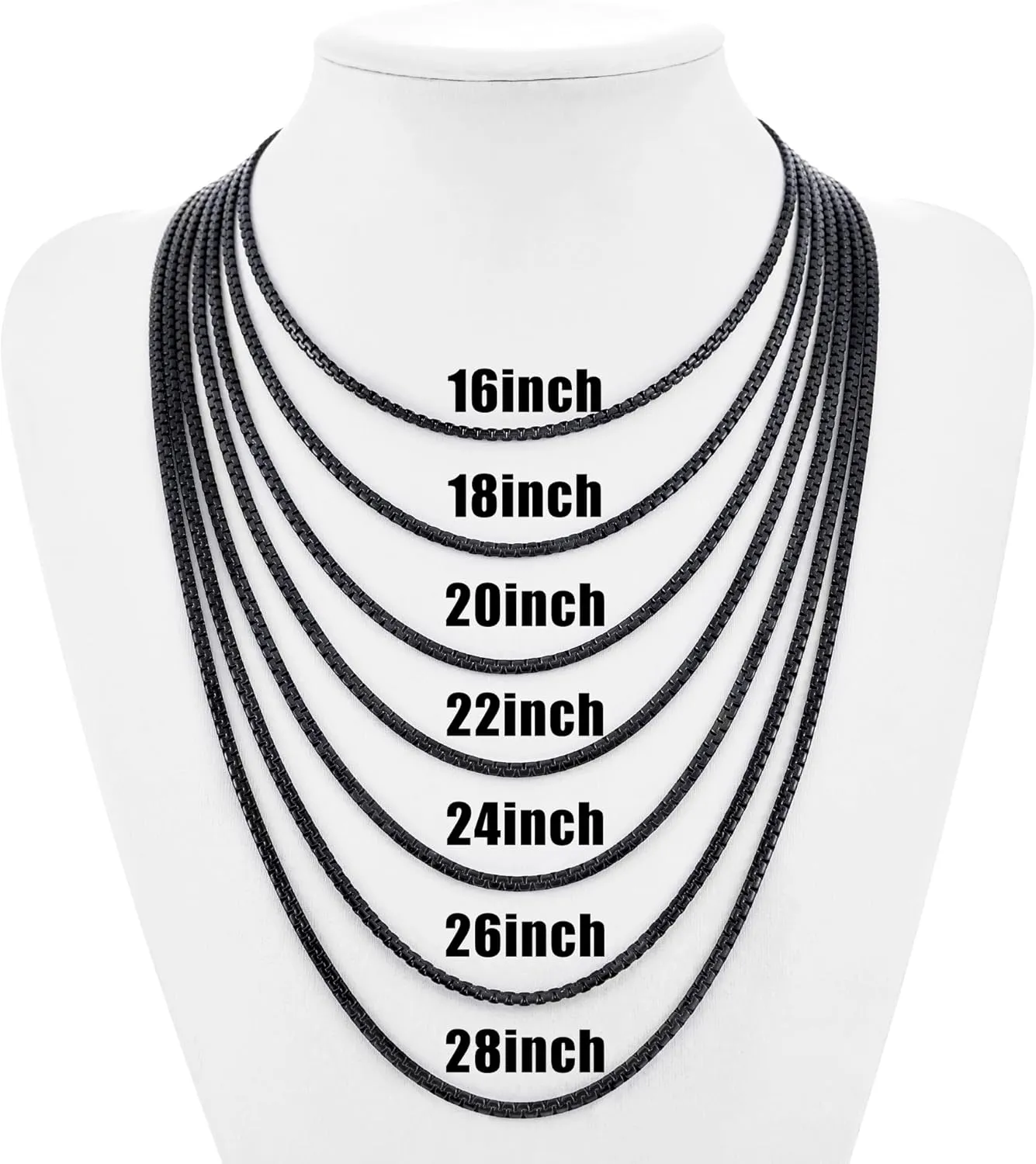 Fiusem Black Flat Box Chains for Men, 3/5mm Stainless Steel Chain Necklace, Necklaces for Men and Women 16-28 Inches