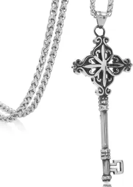 FIZIZDH Men??s Stainless Steel Key Pendant Necklace, Unisex, 24 inch Keel Link Chain