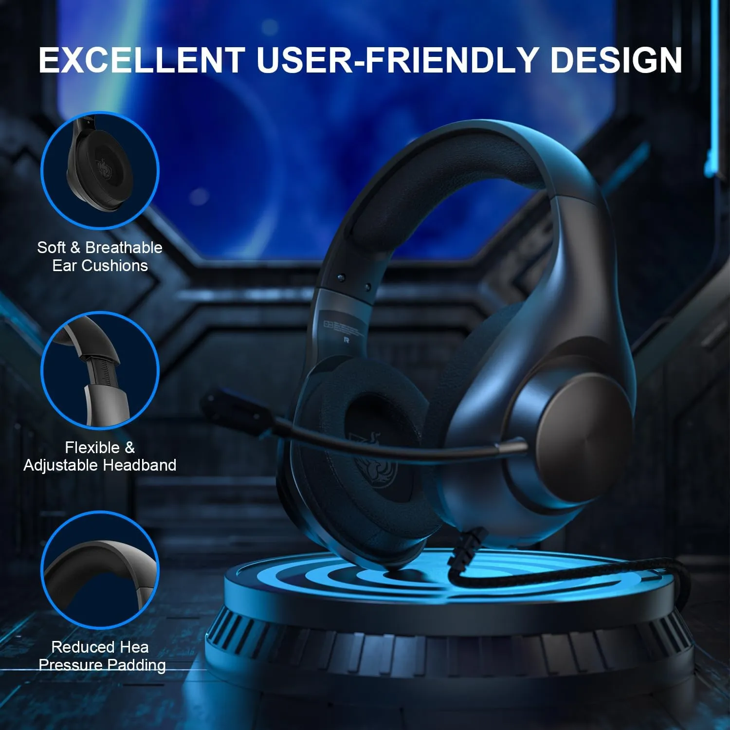 Gaming Headset for PS5 PS4 PC, Wired Headsets with 7.1 Surround Sound, H-7 Gaming Over Ear Headphones with Noise Cancelling Flexible Mic Memory Earmuffs, for PC/PS5/PS4/XboxSeries X/S/SwitchBlack